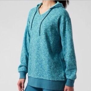 Athleta Sundown Alliance Hoodie Sweatshirt Teal Blue Floral Women 1X / XL Cotton
